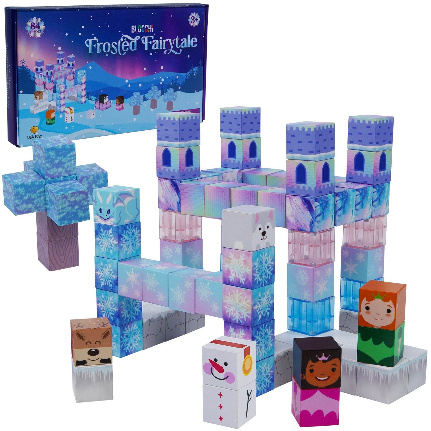 White, green, red black , gray and blue magnatic blocks-