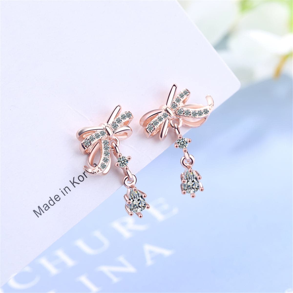 Cubic Zirconia & Crystal Rose Goldtone Bow Drop Earring