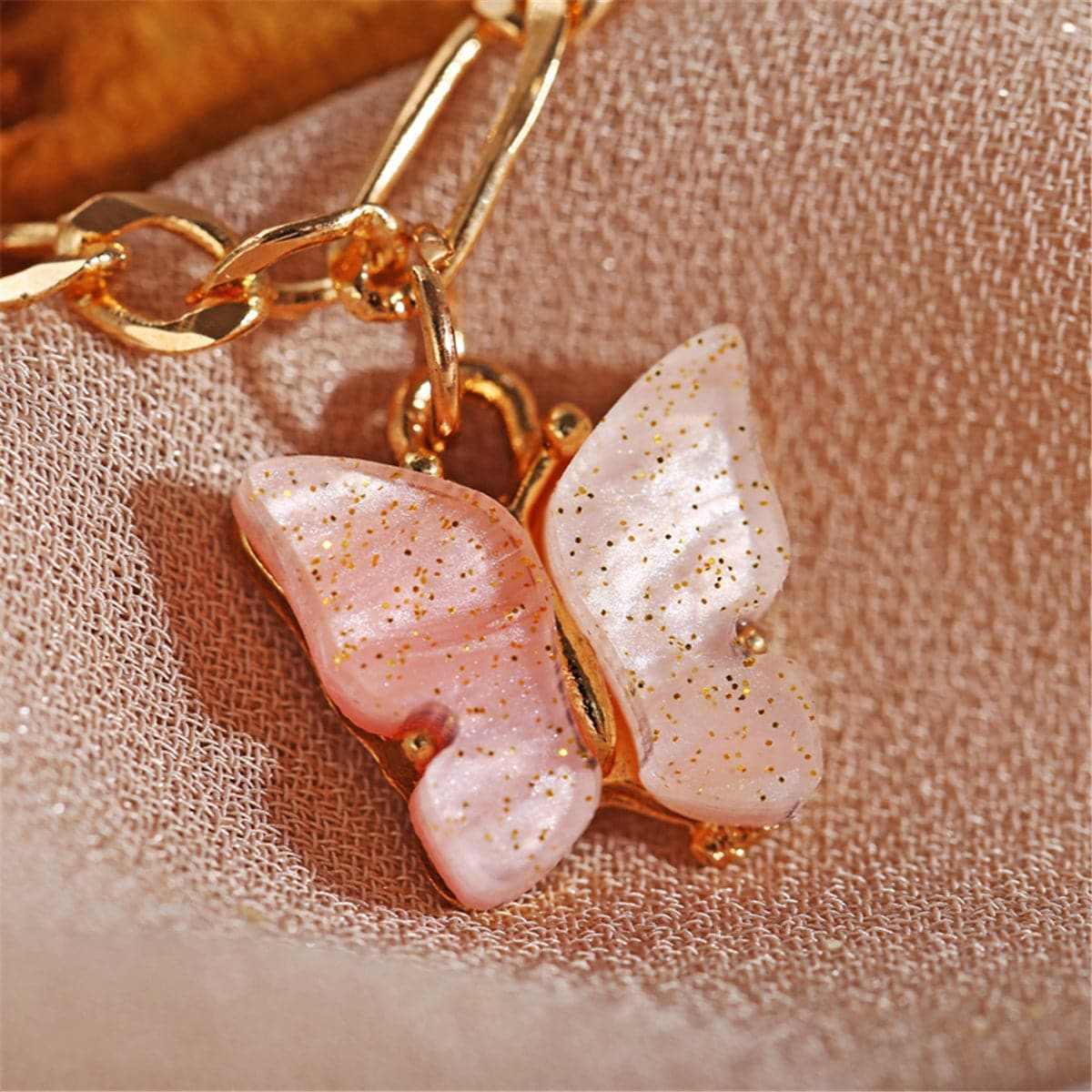 Pink Acrylic & Goldtone Butterfly Charm Anklet Set