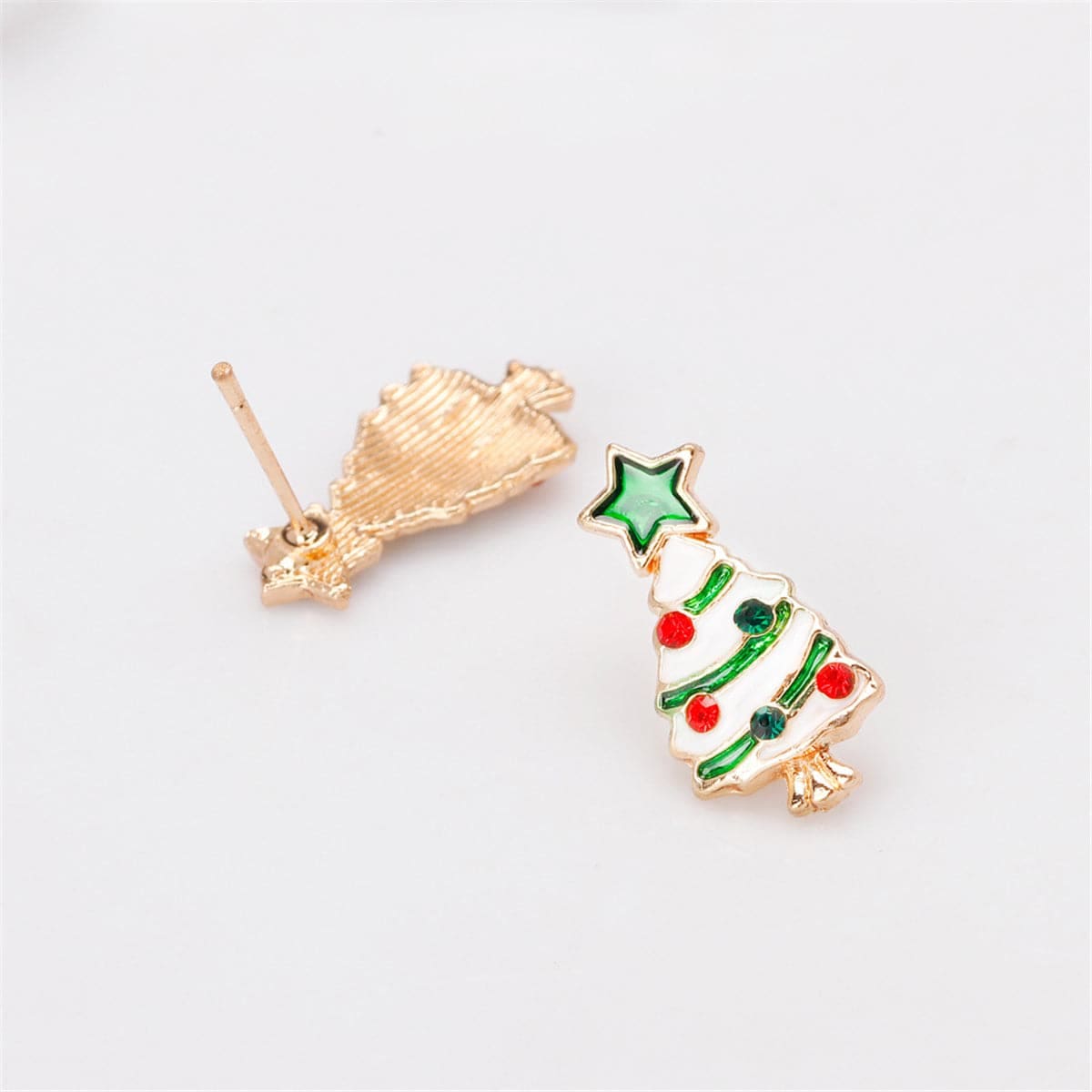 Cubic Zirconia & Enamel Goldtone Star Christmas Tree Stud Earrings