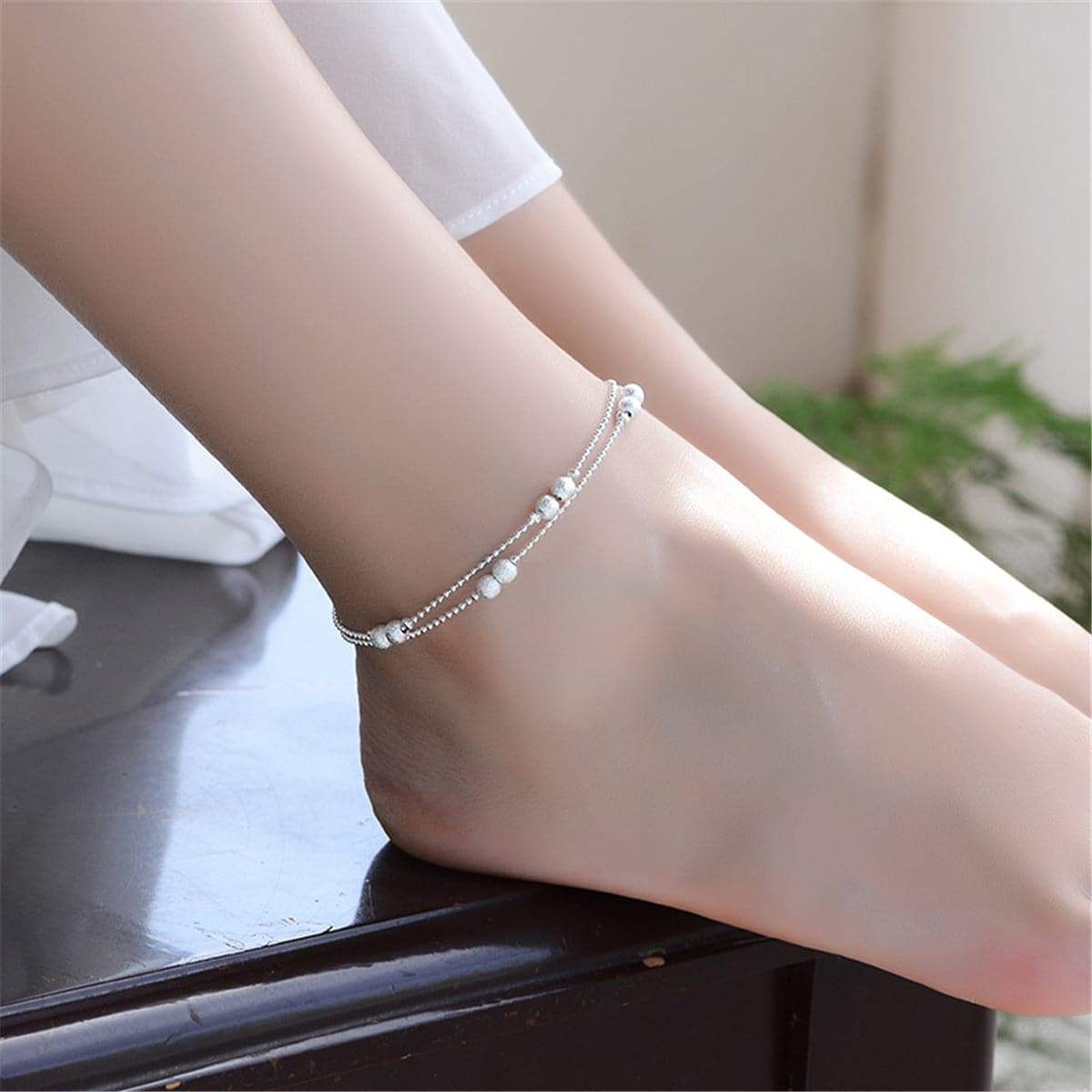 Silvertone Frosted Bead Double-Strand Anklet