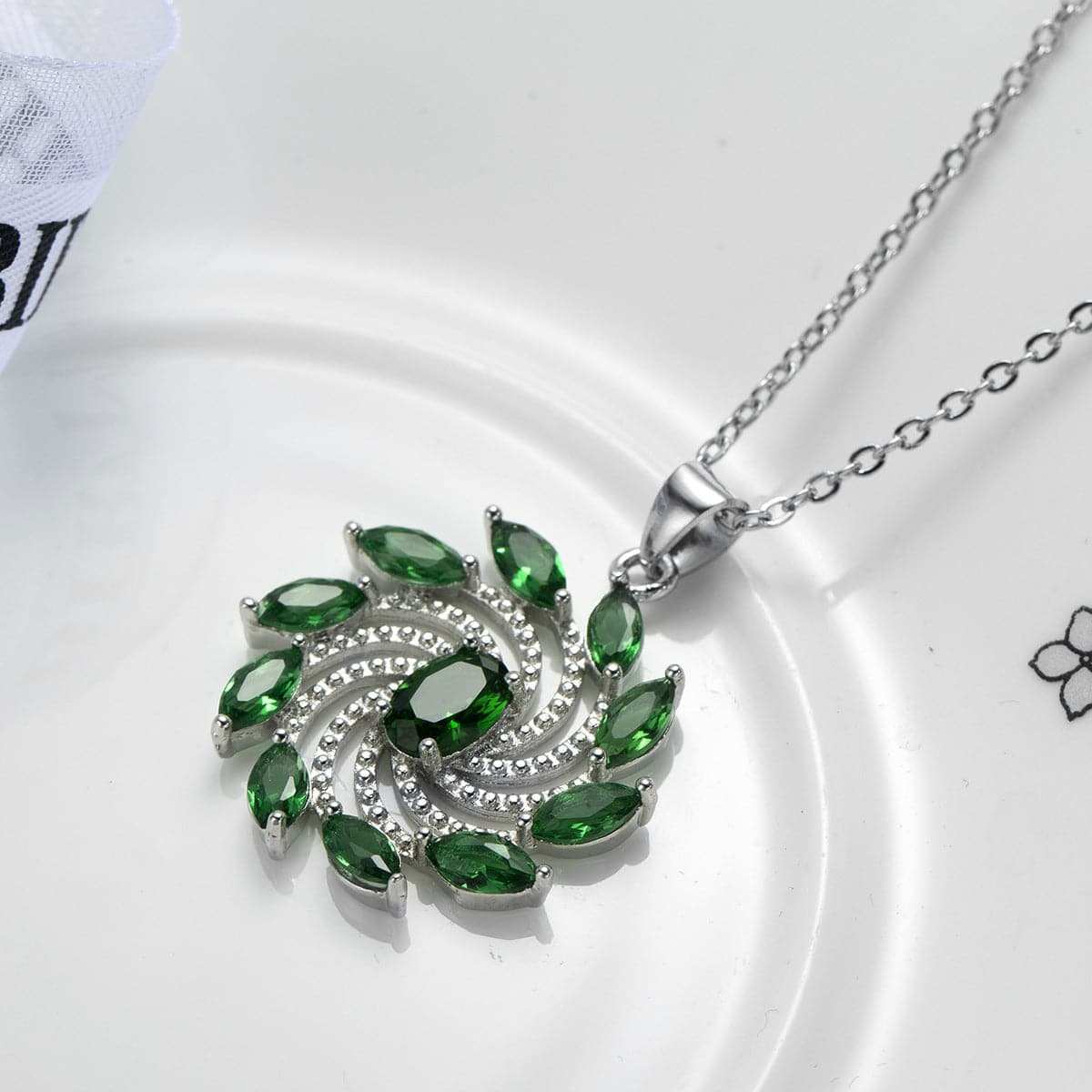 Green Crystal & Silvertone Vortex Marquise Pendant Necklace