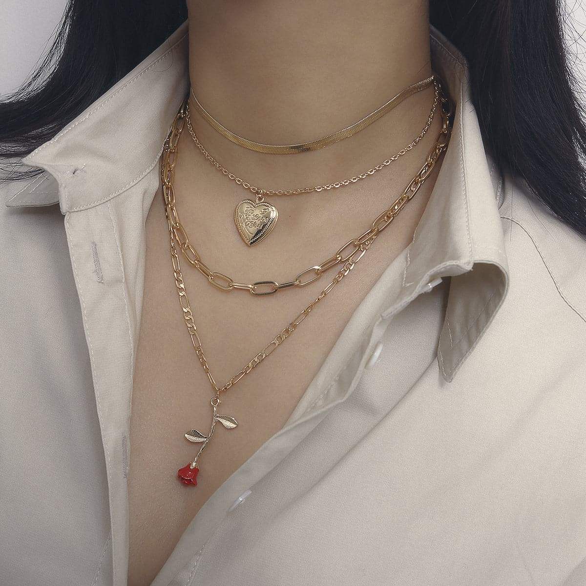 Red Enamel & Goldtone Rose Heart Layered Pendant Necklace