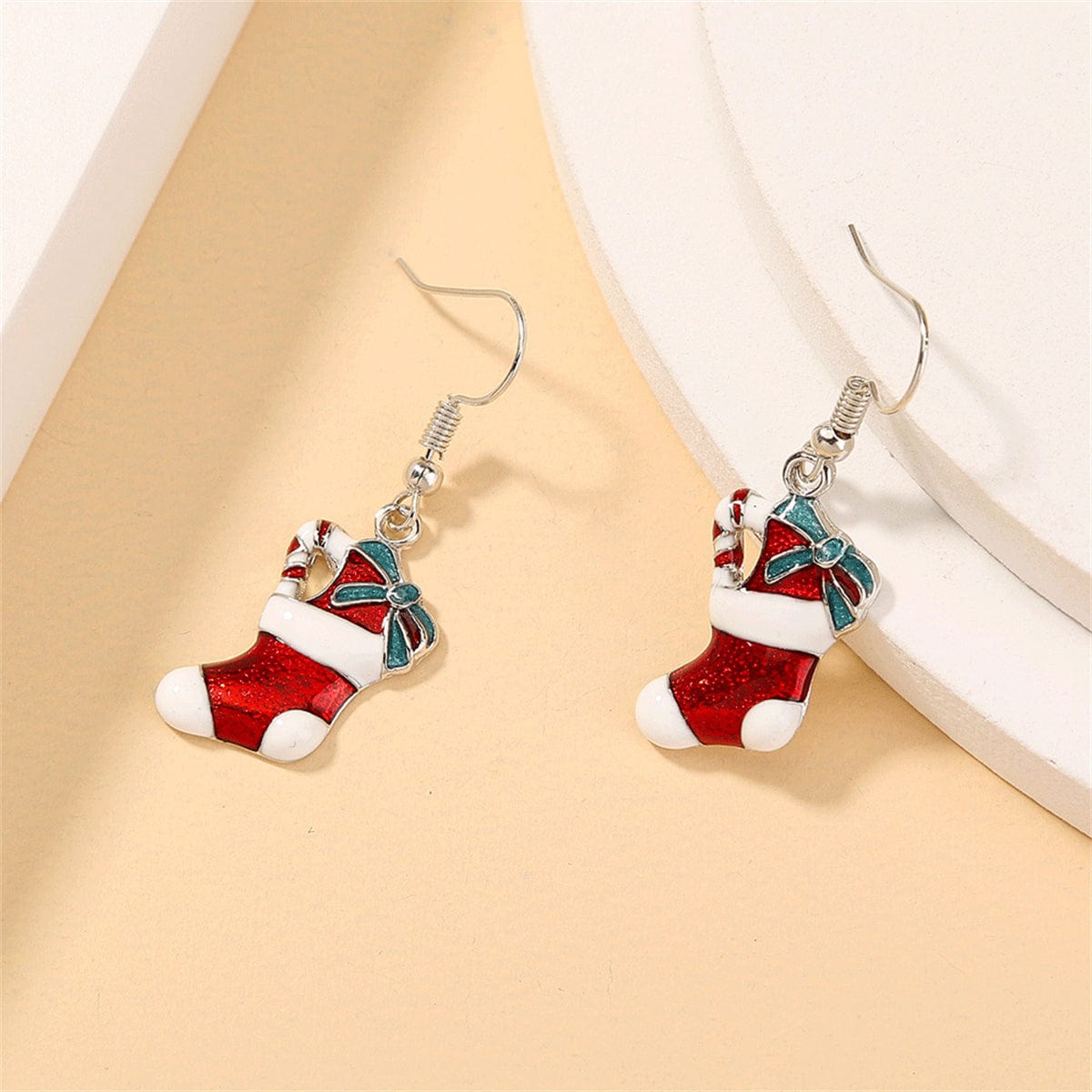 Red Enamel & Silvertone Stocking Drop Earrings