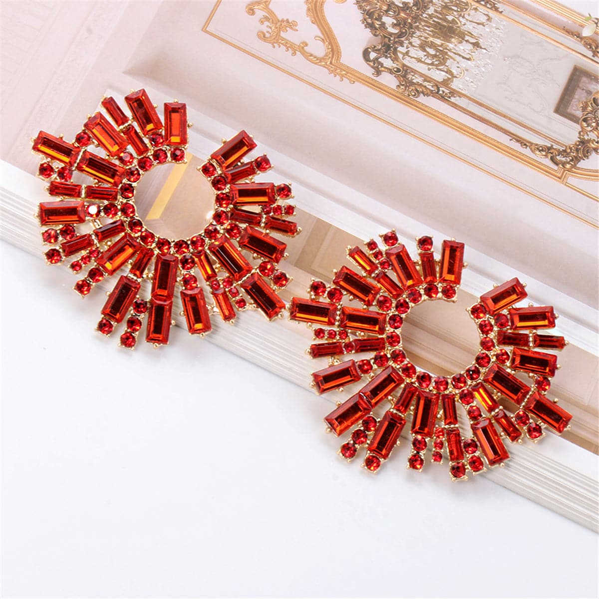 Red Cubic Zirconia & Goldtone Abstract Stud Earrings