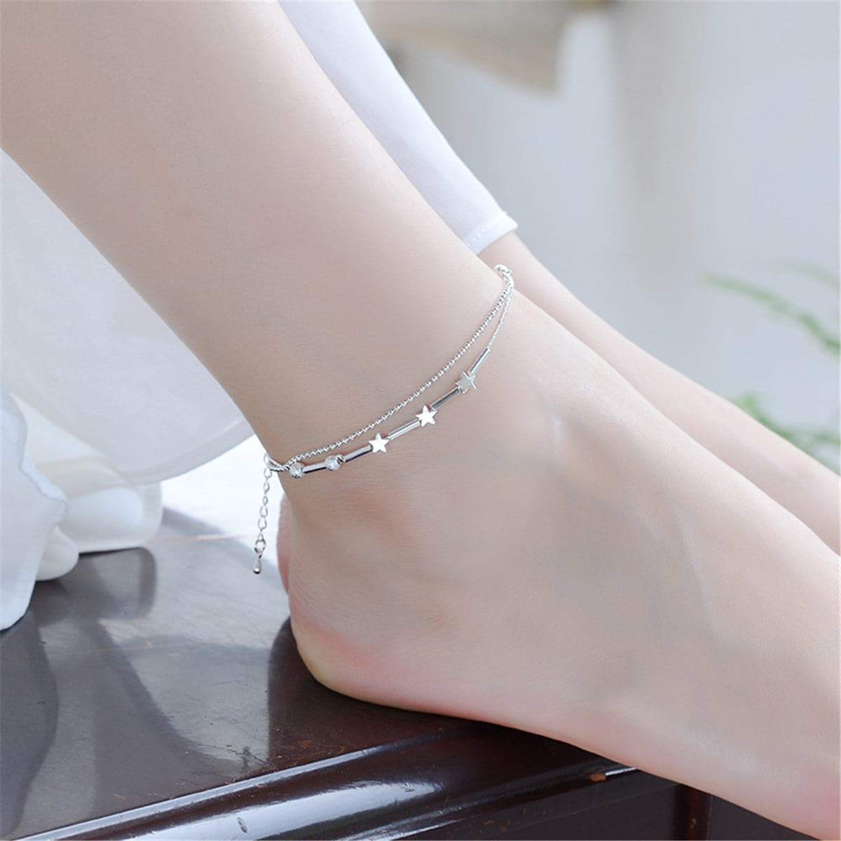 Silvertone Star & Bead Double-Strand Anklet