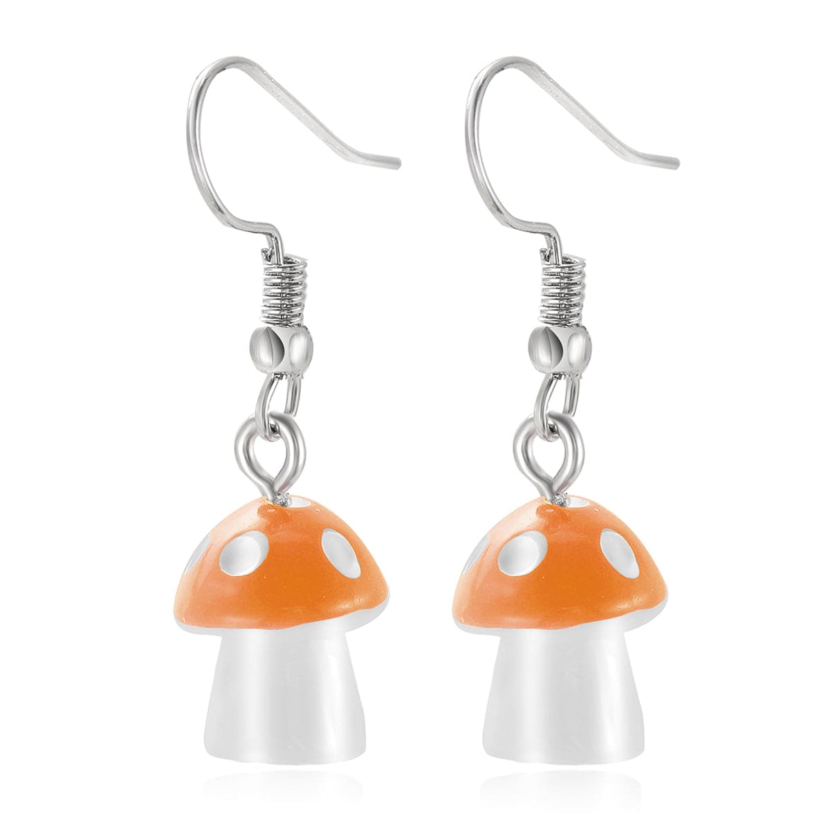 Orange Resin & Silvertone Dot Mushroom Drop Earrings