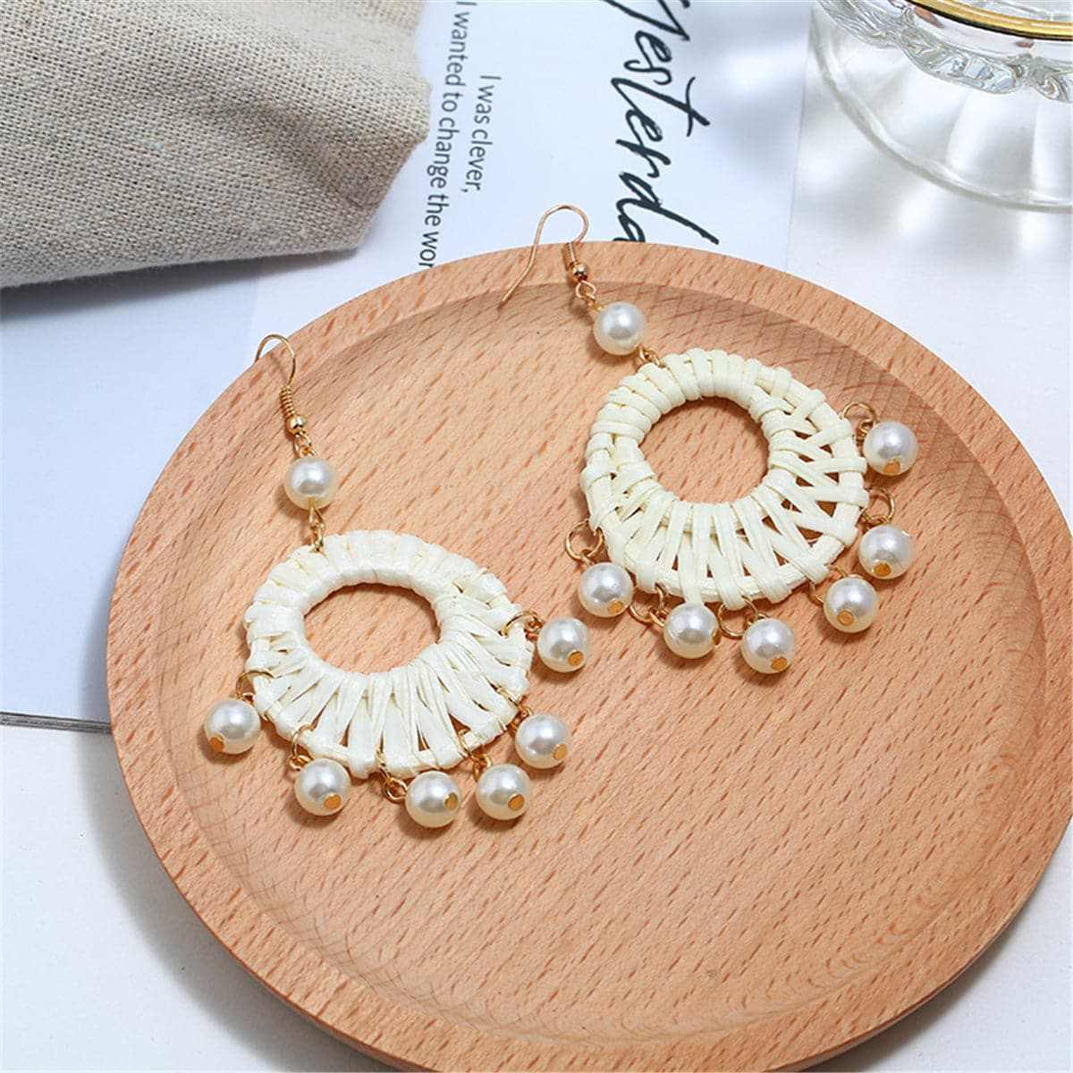 Rattan & Pearl Goldtone Drop Earrings