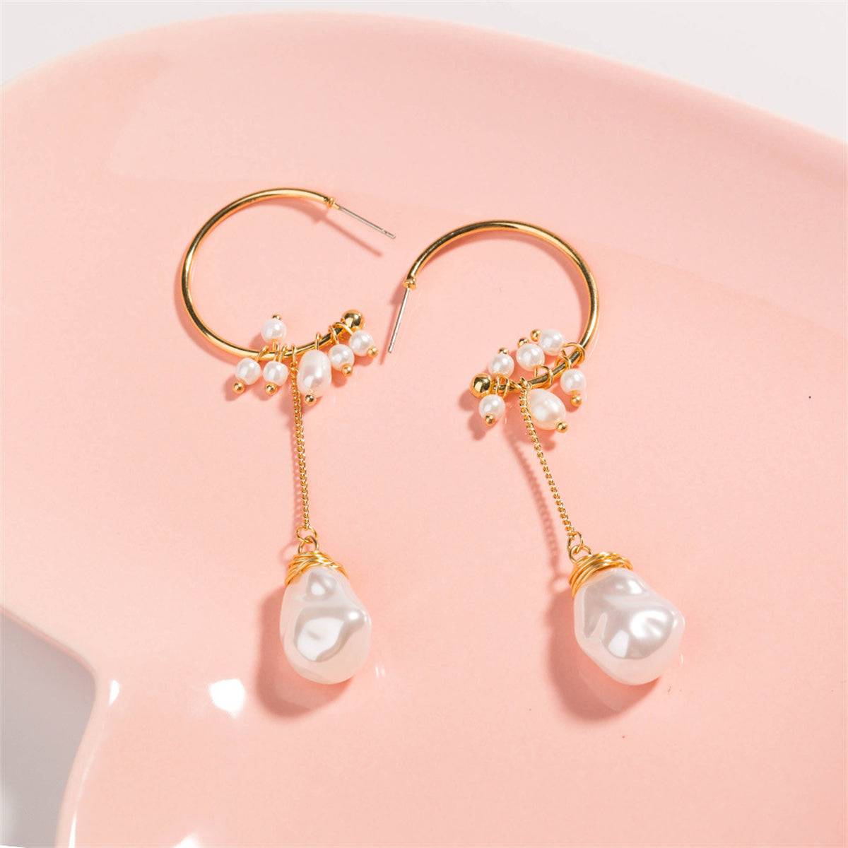 Pearl & Goldtone Dangle Hoop Earrings