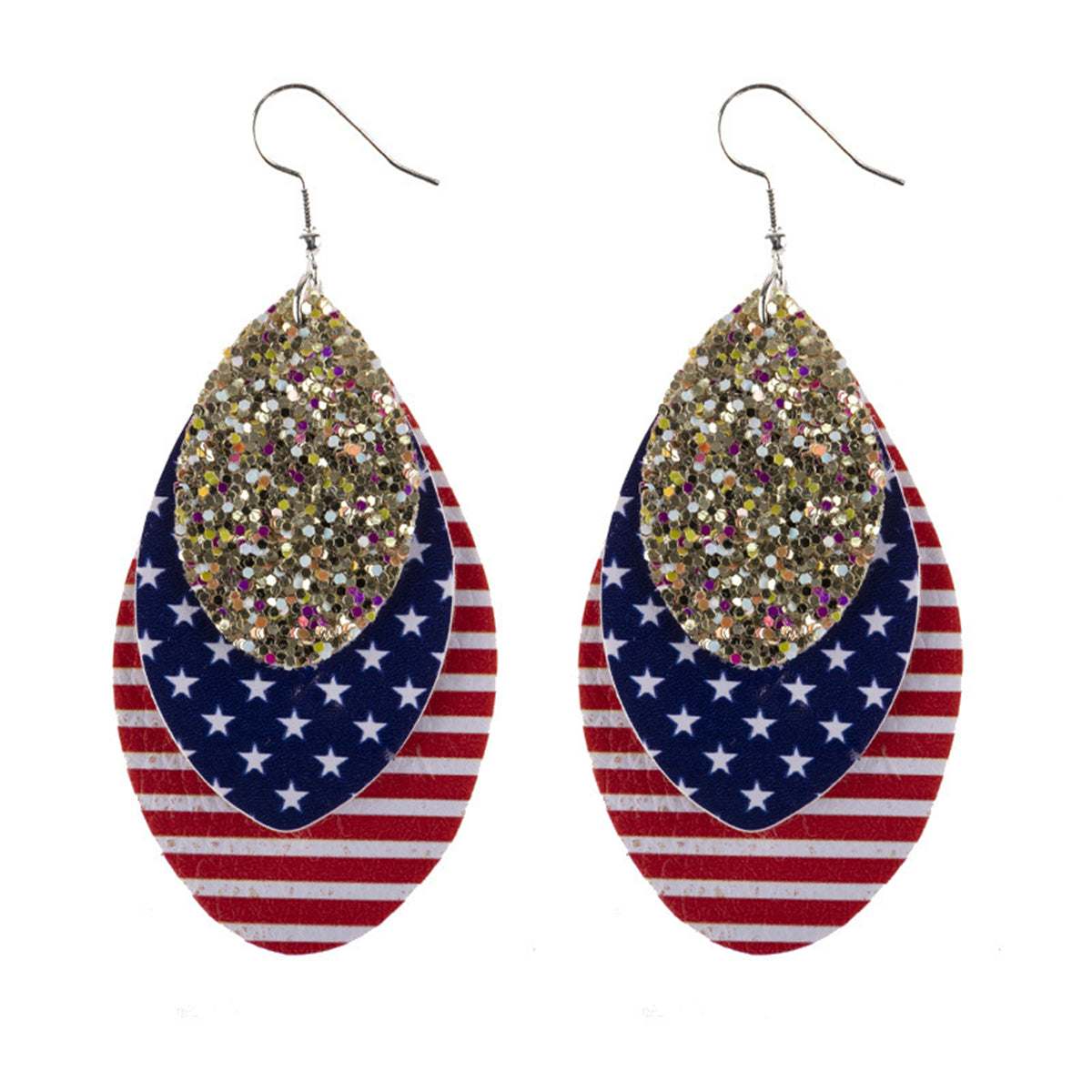 Blue Polystyrene & Silvertone Stars Stripes Triple Drop Earrings