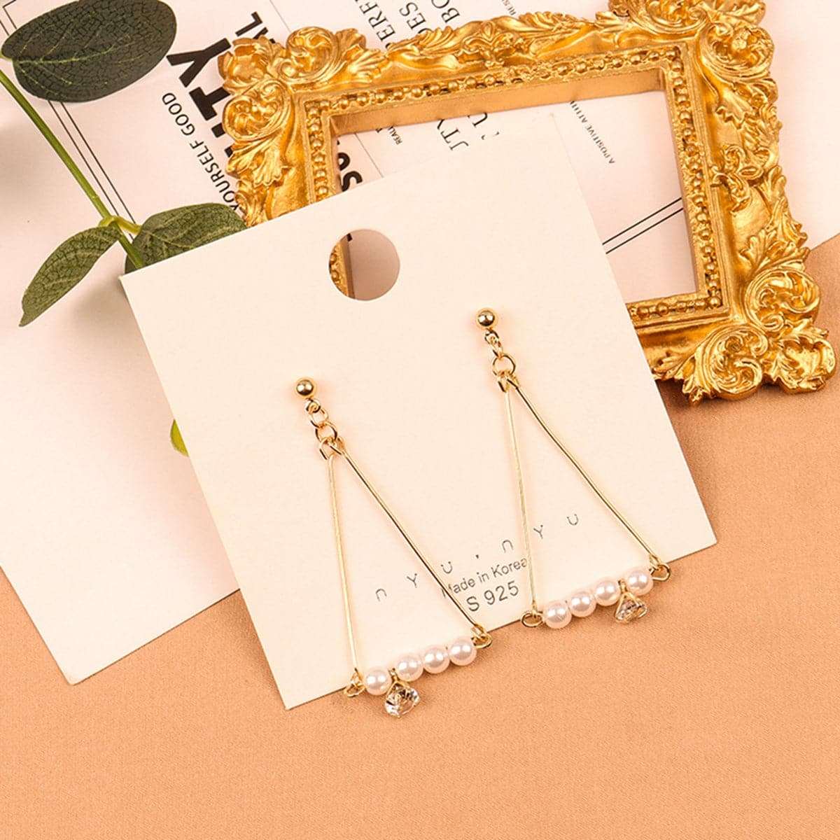 Pearl & Goldtone Charm Open Triangle Drop Earrings