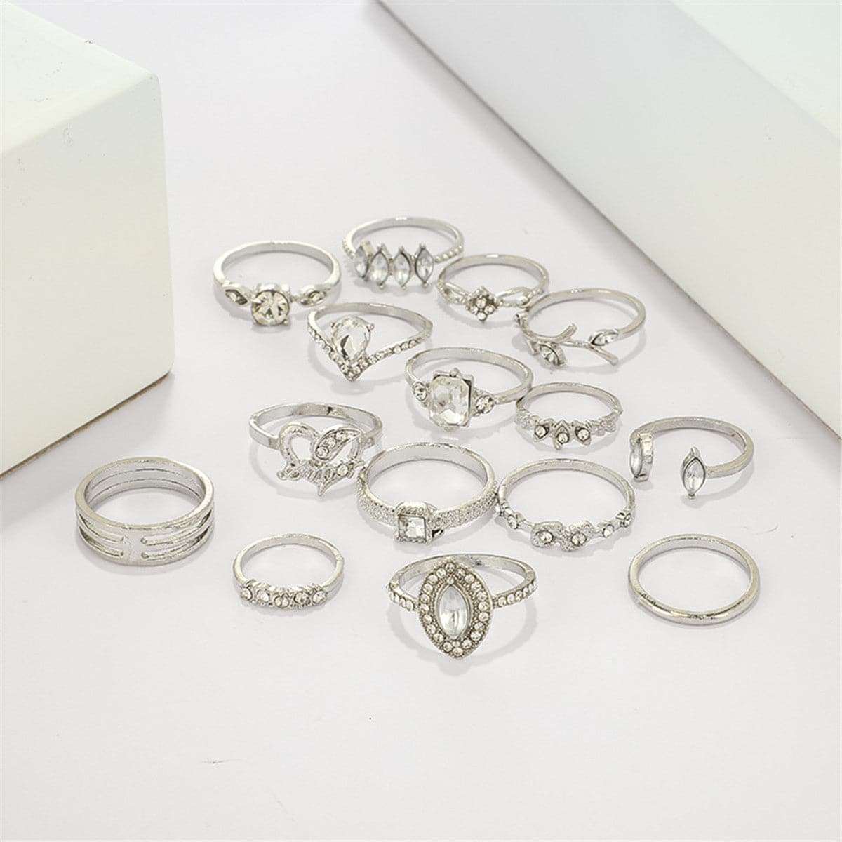 Cubic Zirconia & Silvertone Heart Ring Set