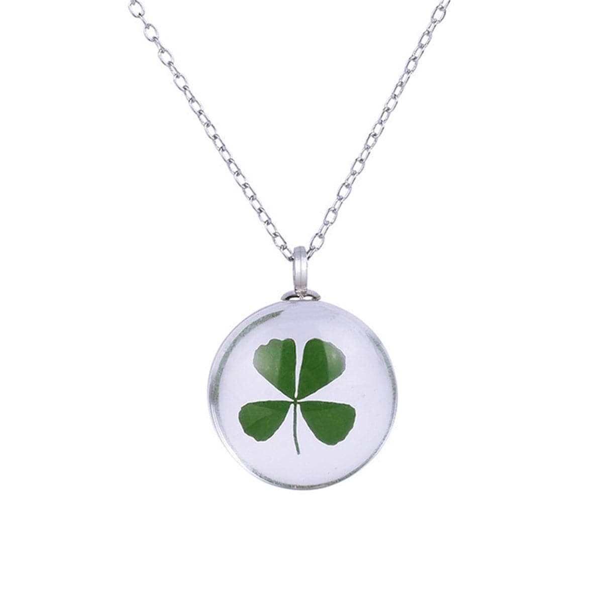 Clover & Silvertone Pressed Leaf Round Pendant Necklace
