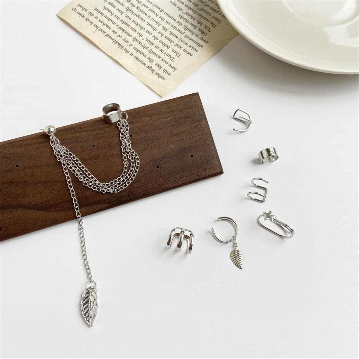 Silvertone Leaf & Star Clip Earrings Set