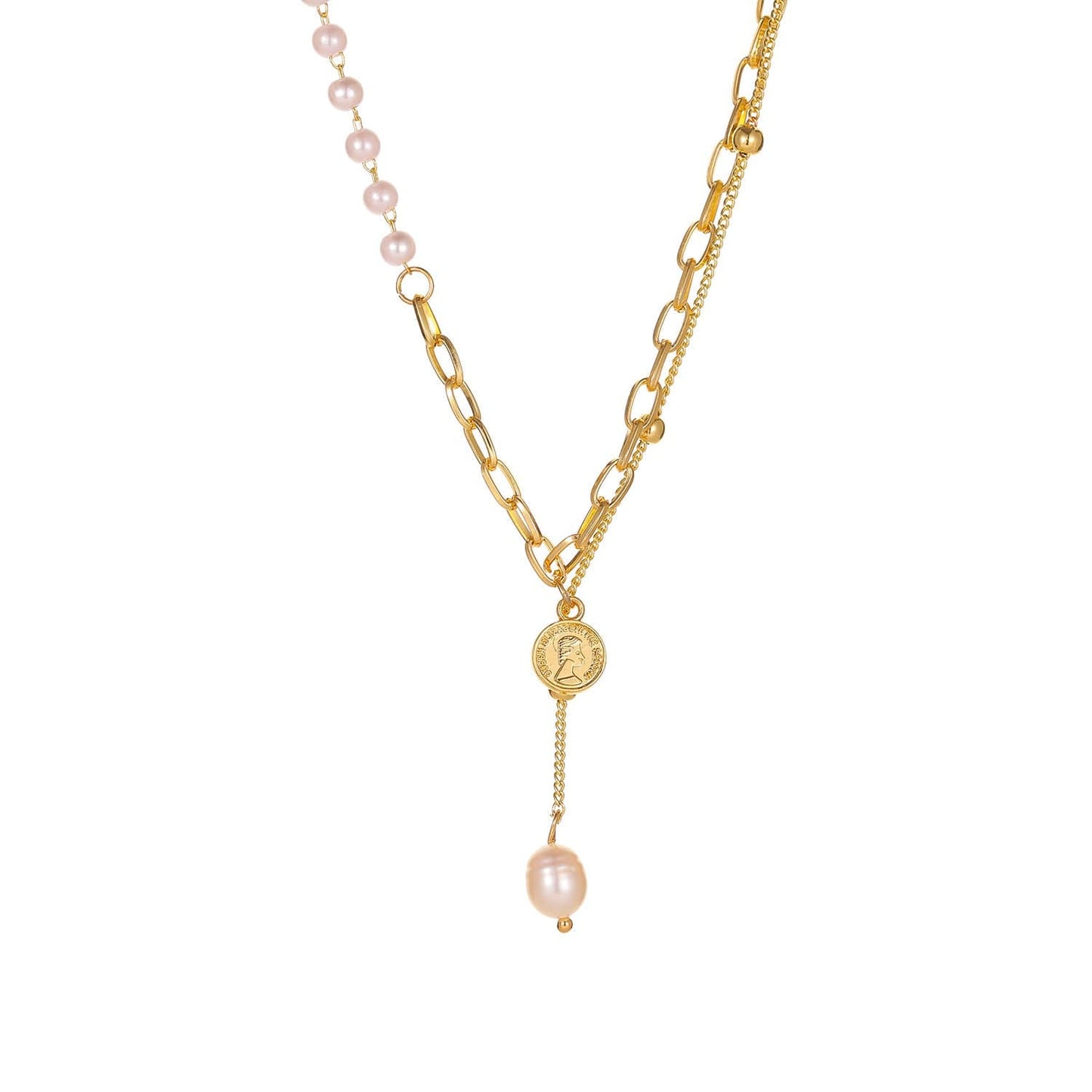 Pearl & Goldtone Coin Lariat Necklace