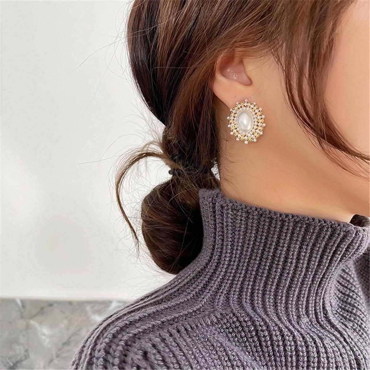Pearl & Goldtone Oval Stud Earrings