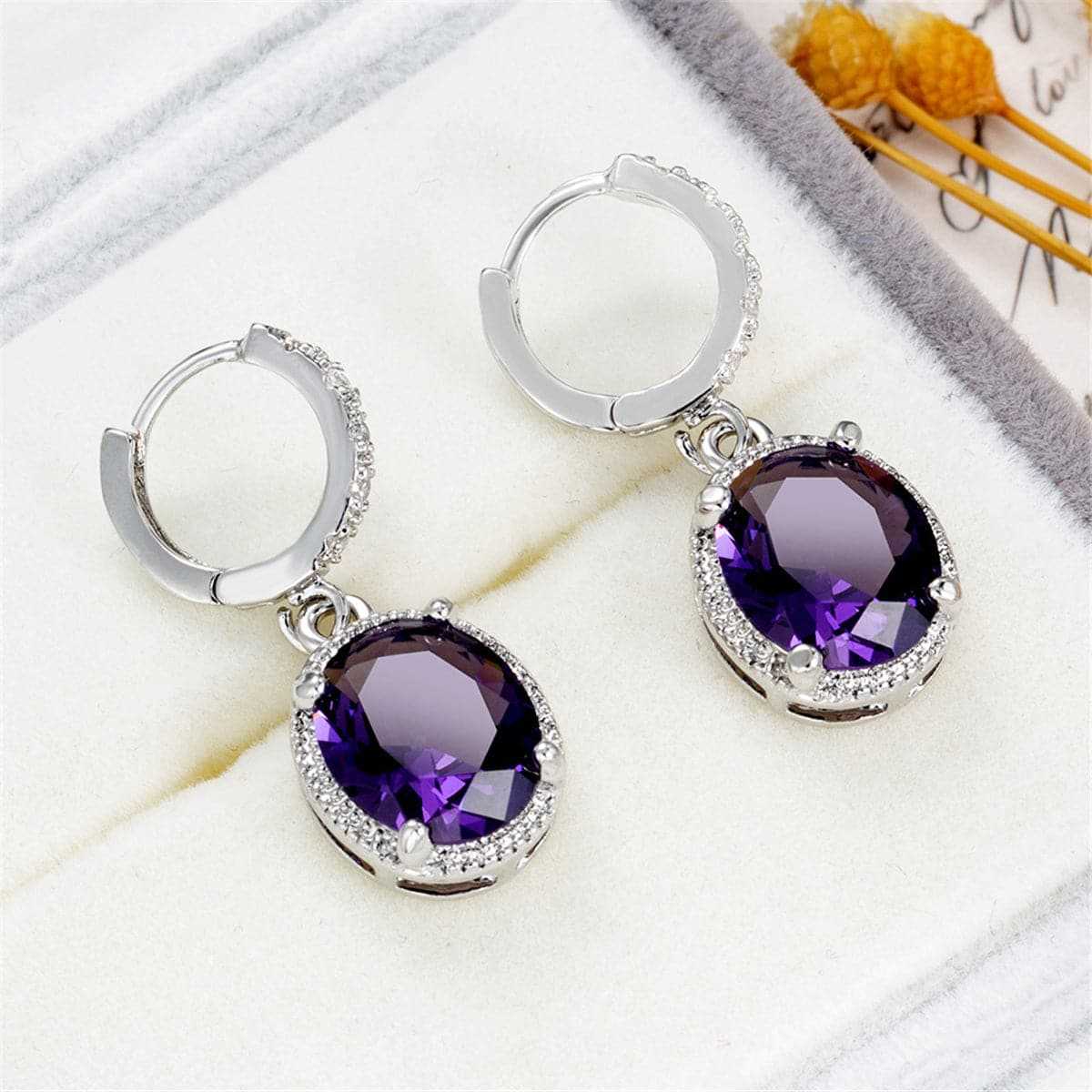 Purple Crystal & Cubic Zirconia Oval Drop Earrings