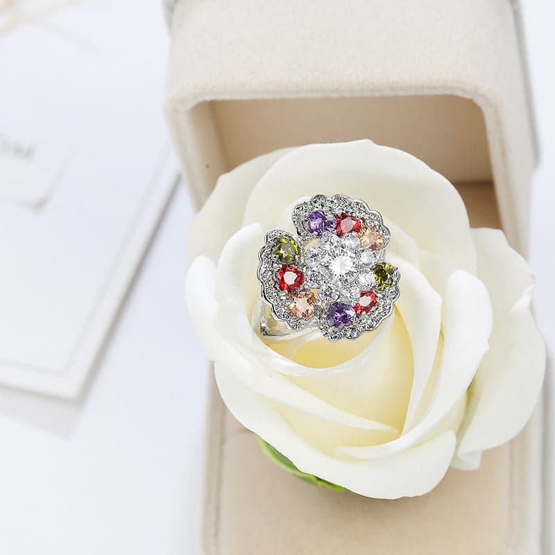 Colorful Cubic Zirconia Ornate Floral Ring-2