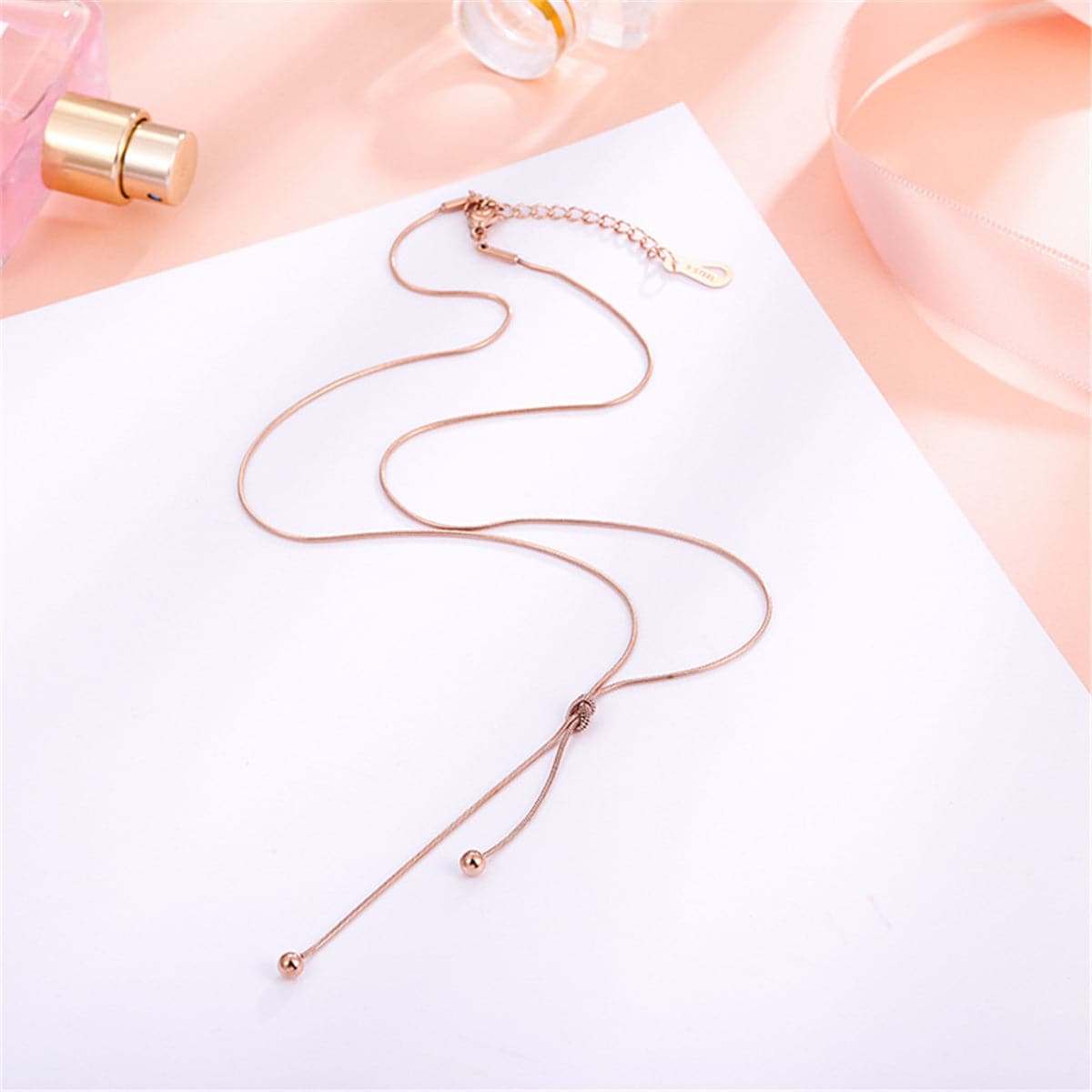 Rose Goldtone Knot Bead Lariat Necklace