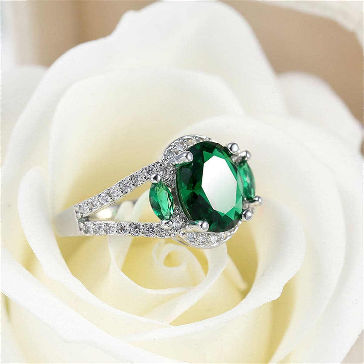 Green Cubic Zirconia & Crystal Triple-Stone Halo Ring
