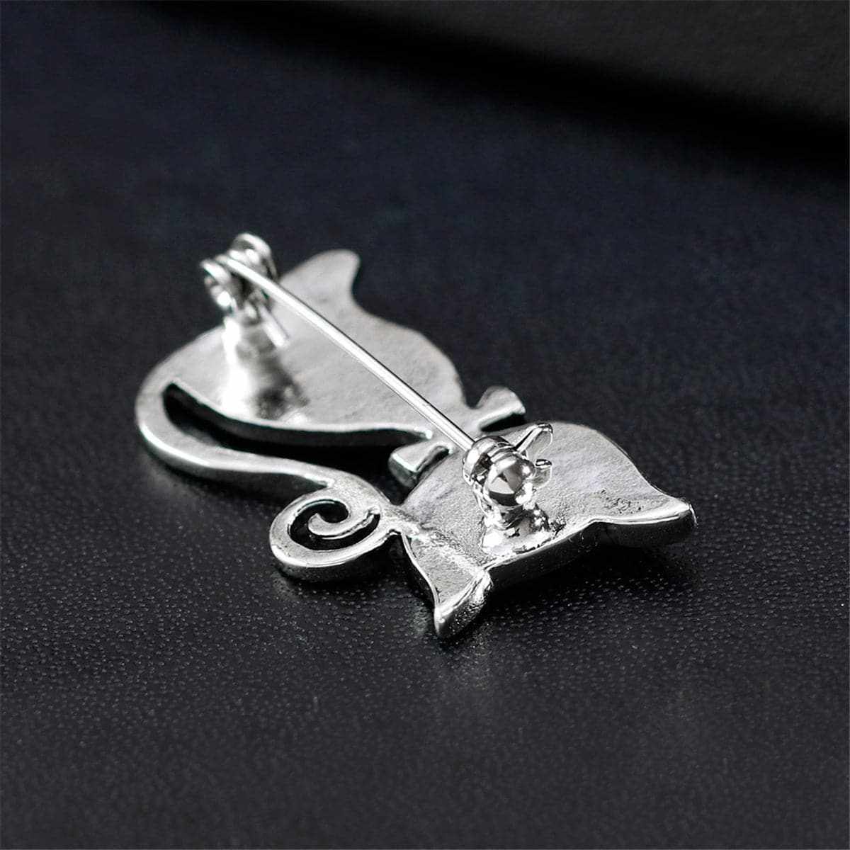 Cubic Zirconia & Black Enamel Silvertone Kitty Brooch