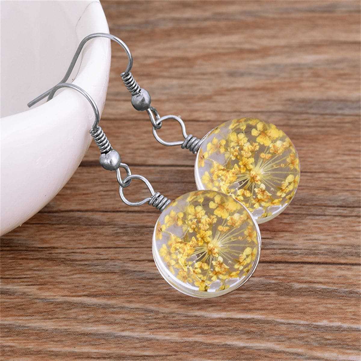 Yellow Gypsophila & Silvertone Drop Earrings