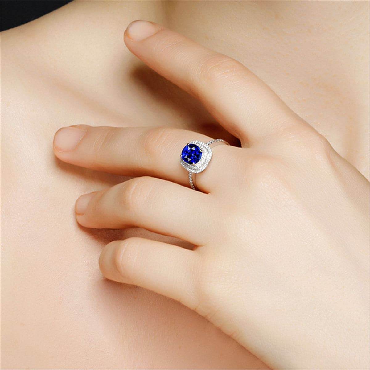 Blue Crystal & Cubic Zirconia Silvertone Halo Cushion-Cut Adjustable Ring