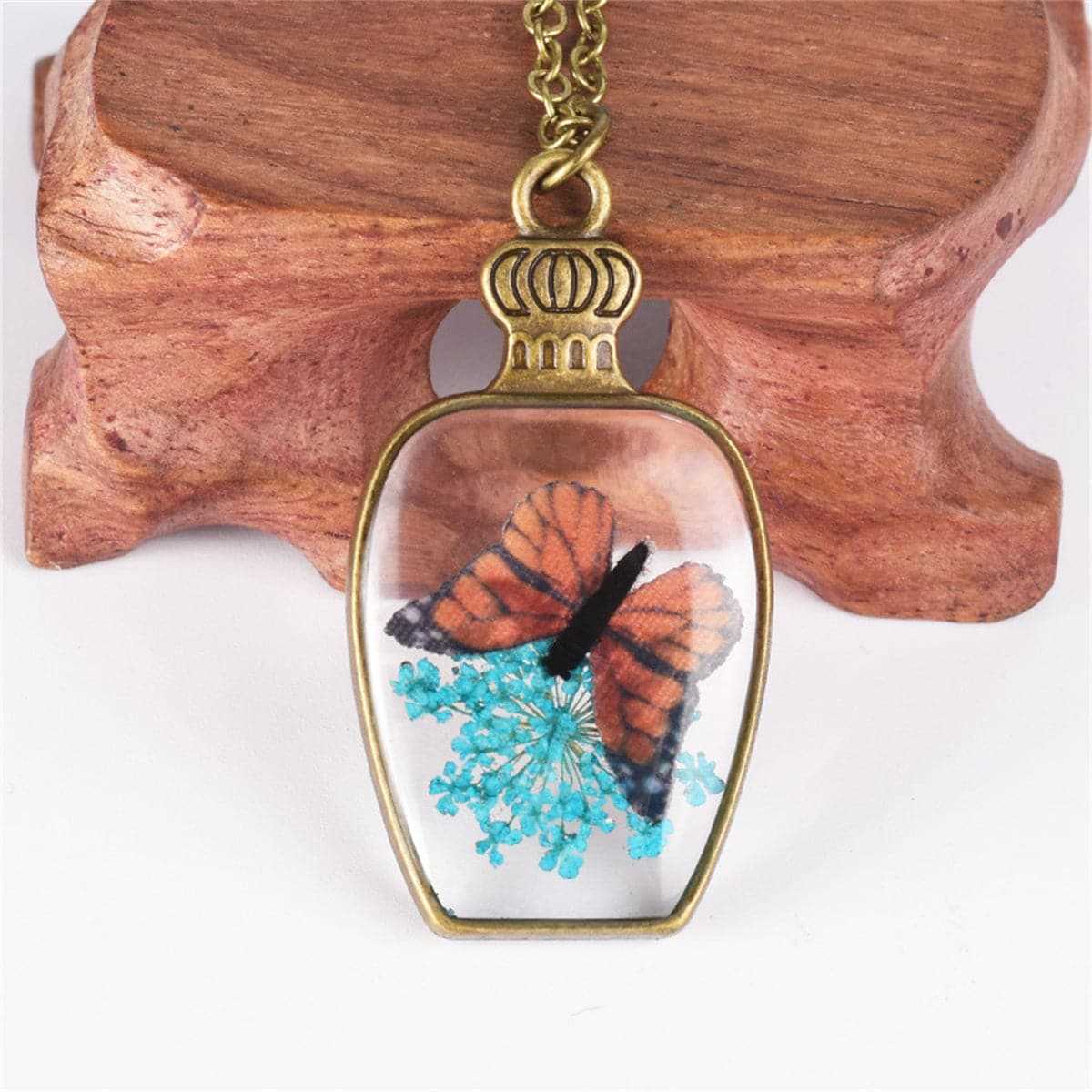 Dark Blue Gypsophila & Goldtone Butterfly Vase Pendant Necklace