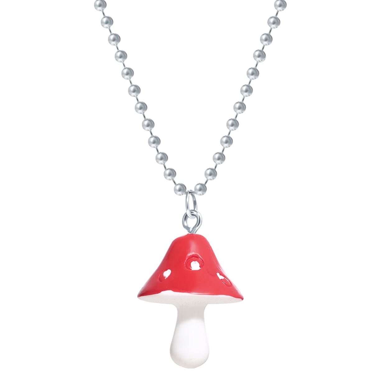 Red Resin & Silvertone Ball Chain Mushroom Pendant Necklace