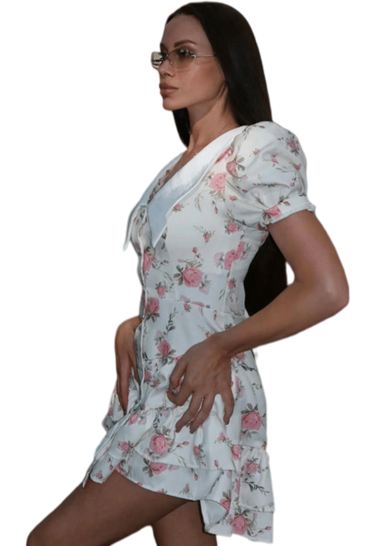 Chic YC Women's Floral Peter Pan Collar Puff Sleeve Mini Dress Vintage Ruffle Hem Summer Casual Dress Pink / L