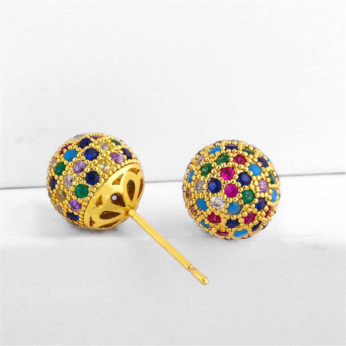 Colored Cubic Zirconia & Goldtone Ball Stud Earrings