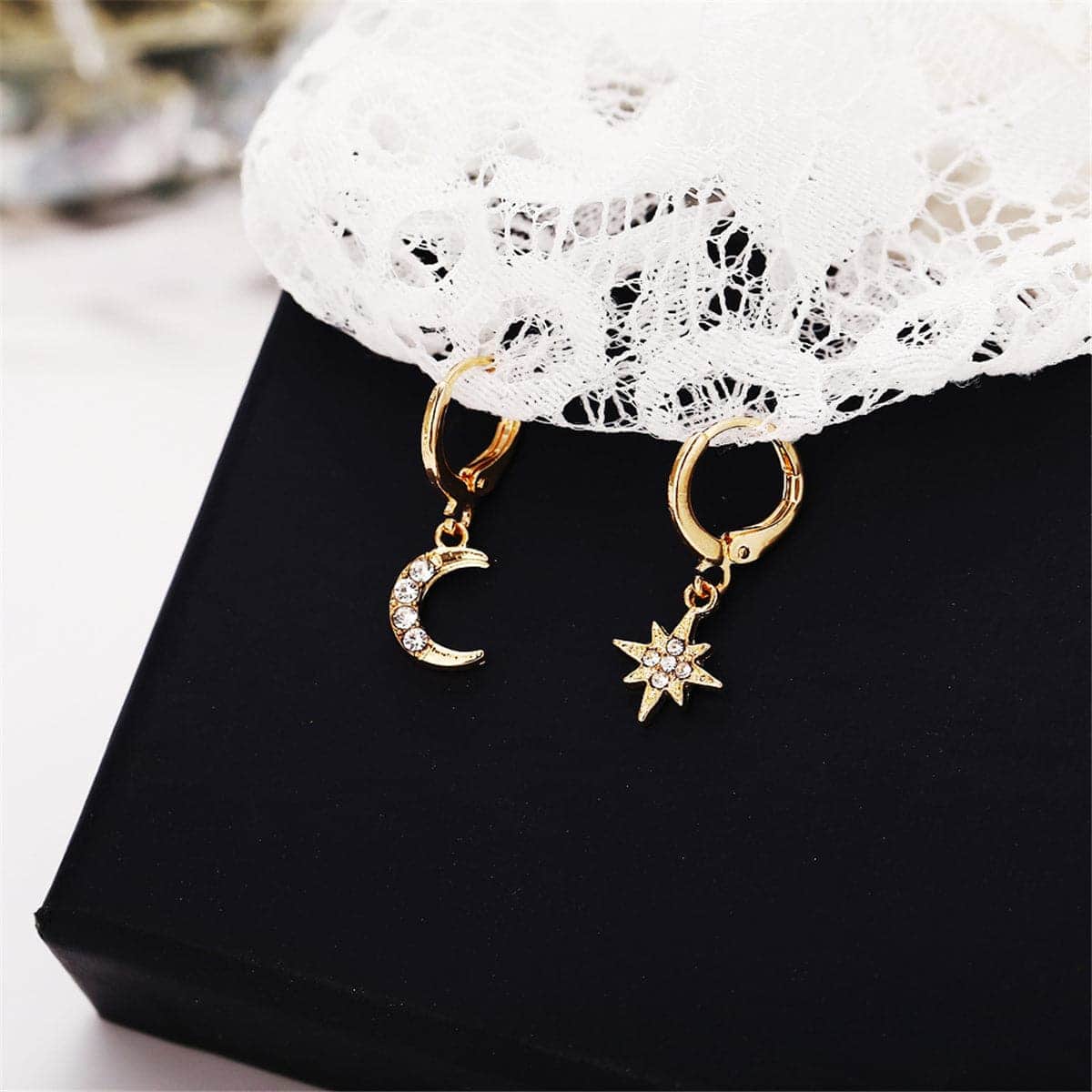 Cubic Zirconia & Goldtone Moon & Star Drop Earrings
