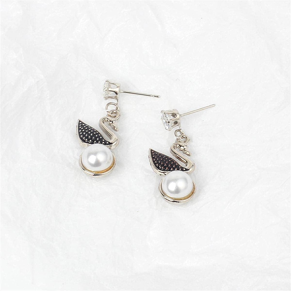 Cubic Zirconia & Pearl Silvertone Swan Drop Earring