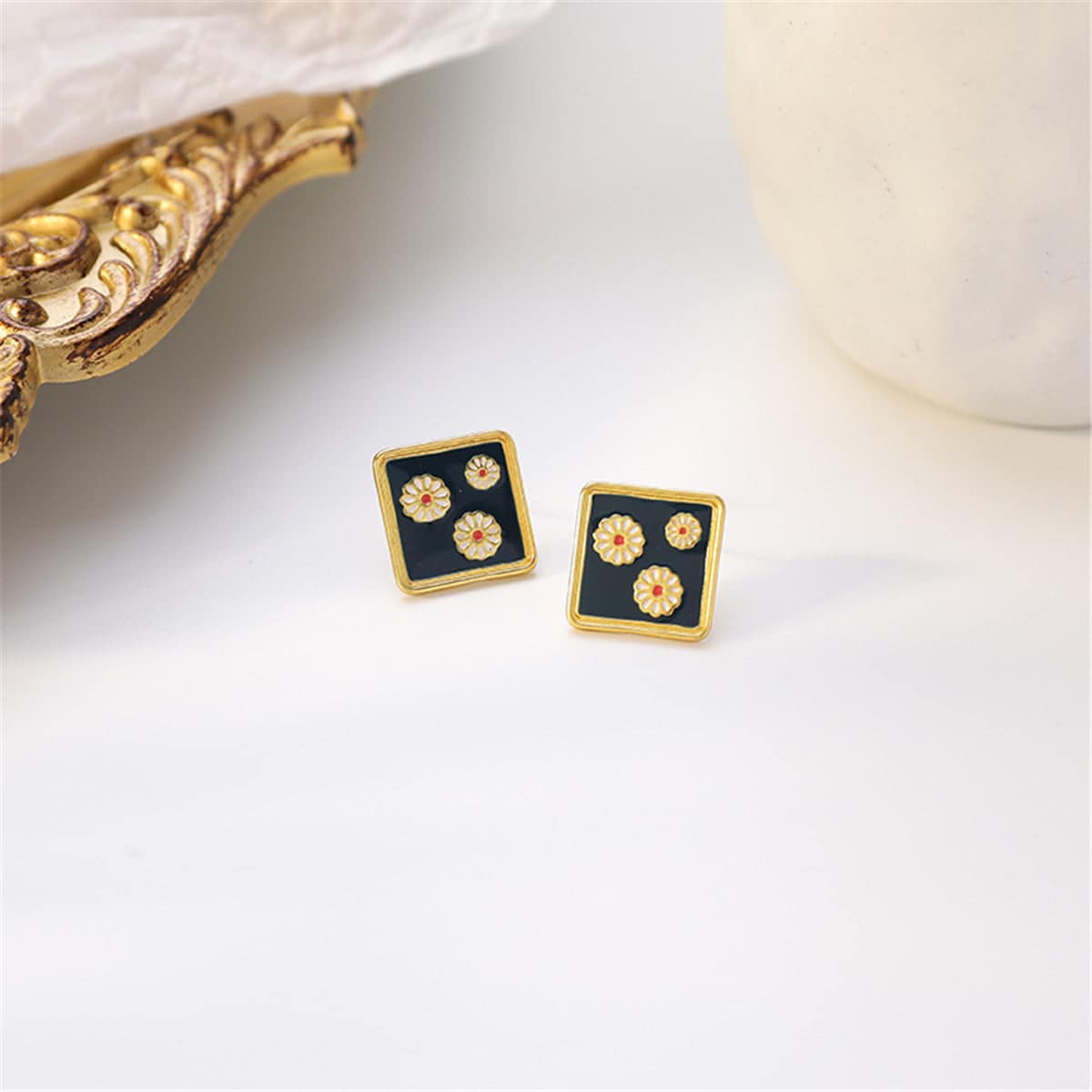 Black Enamel & Goldtone Three Mums Square Stud Earrings