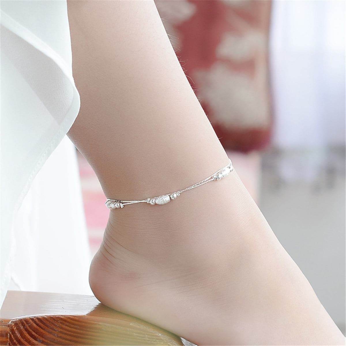 Silvertone Frosted Olive Double-Strand Anklet