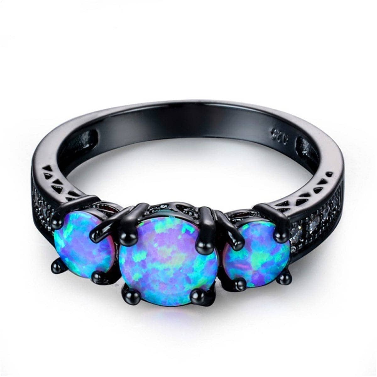 Blue Opal & Black-Plated Tri-Stone Ring