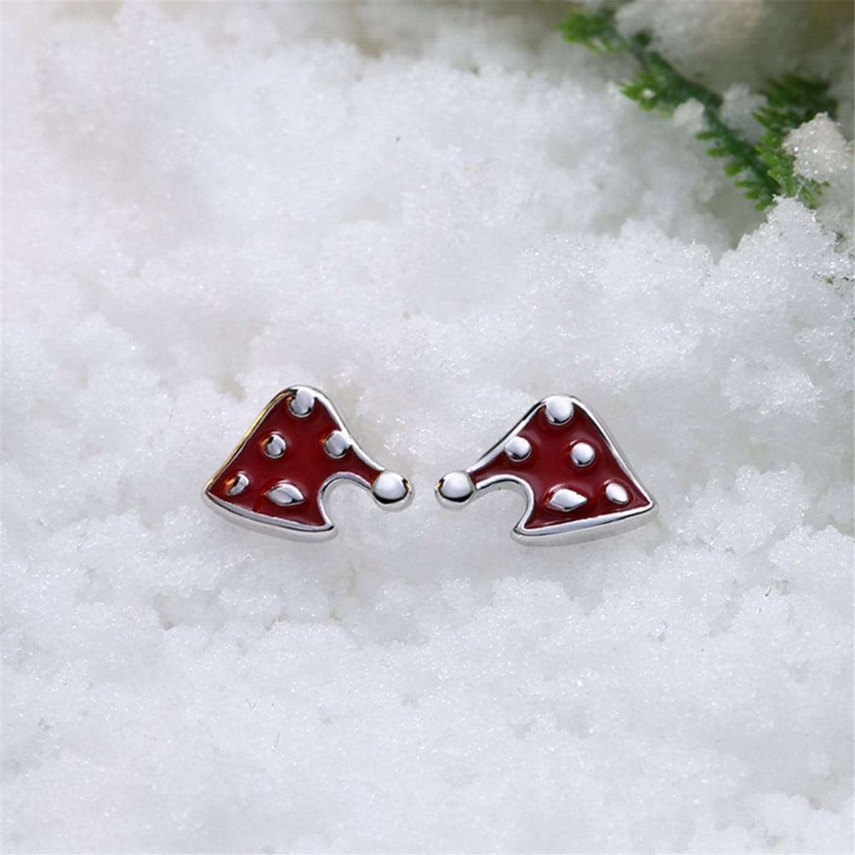 Red Enamel & Silvertone Christmas Hat Stud Earrings