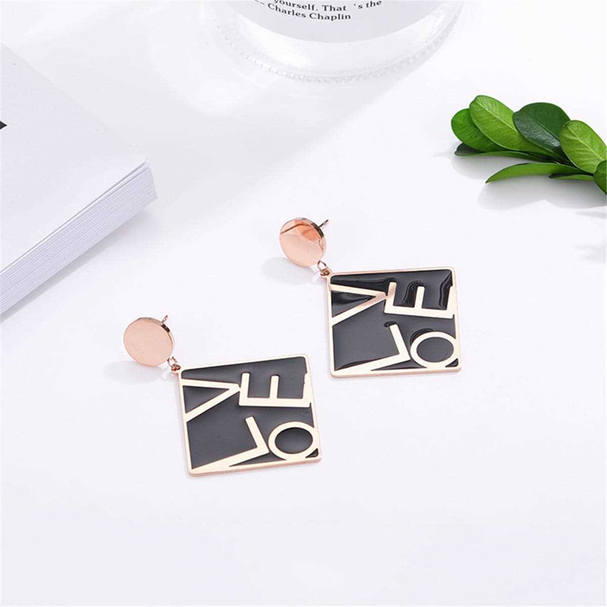 Black & Rose Goldtone 'Love' Square Drop Earrings