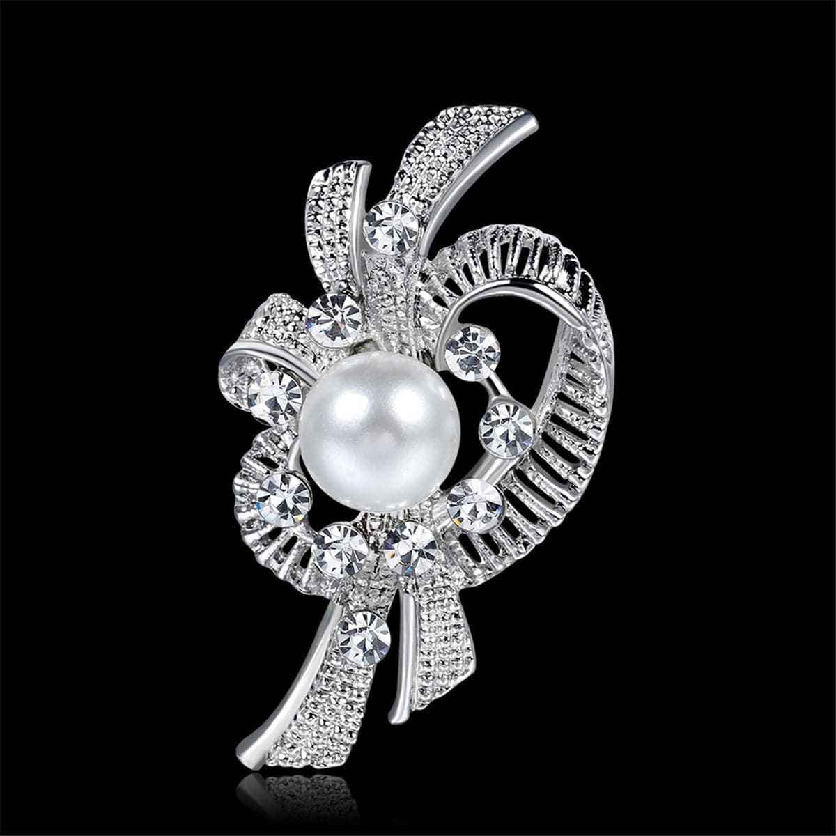 Pearl & Cubic Zirconia Silvertone Bow Filigree Brooch
