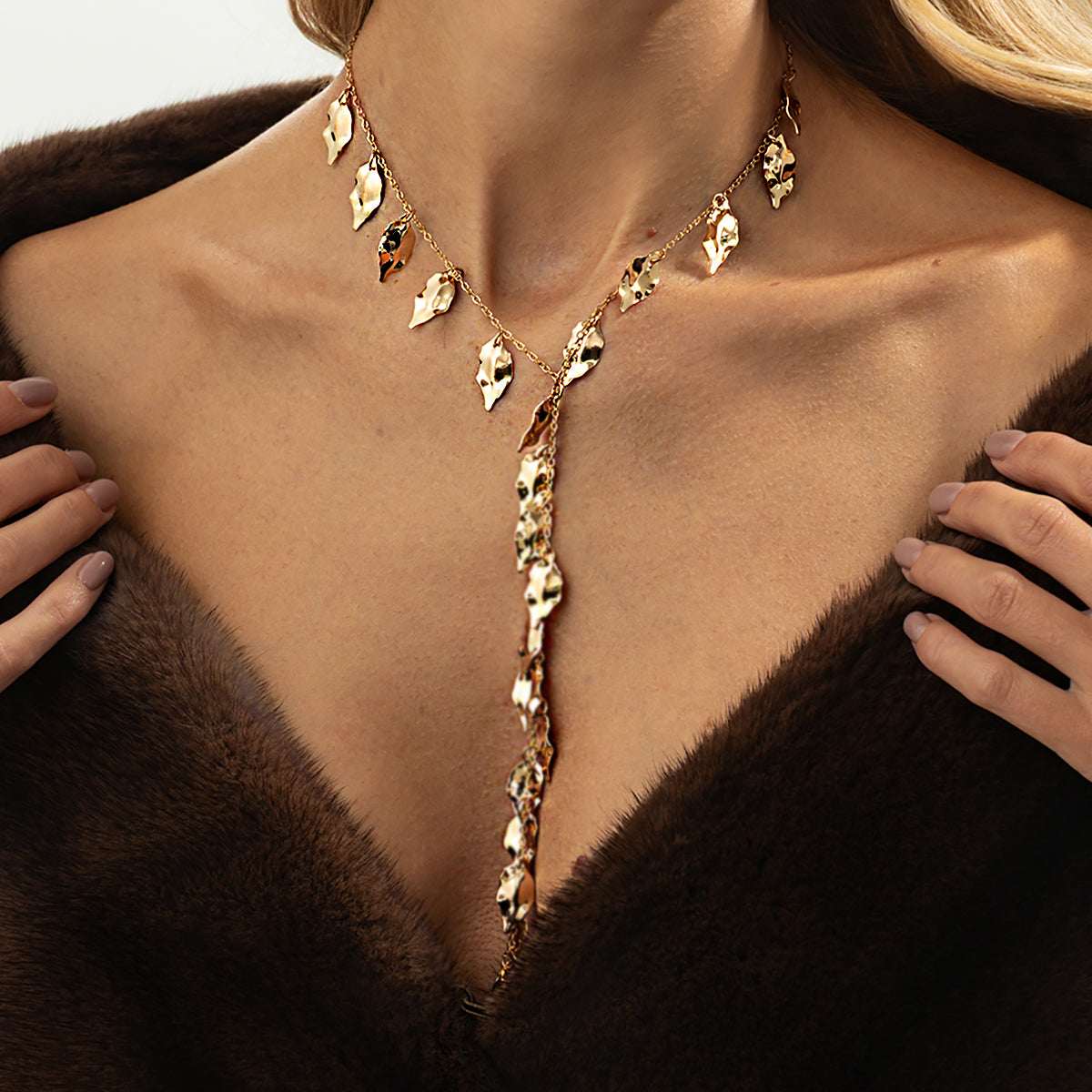 Goldtone Hammered Leaves Drop Necklace