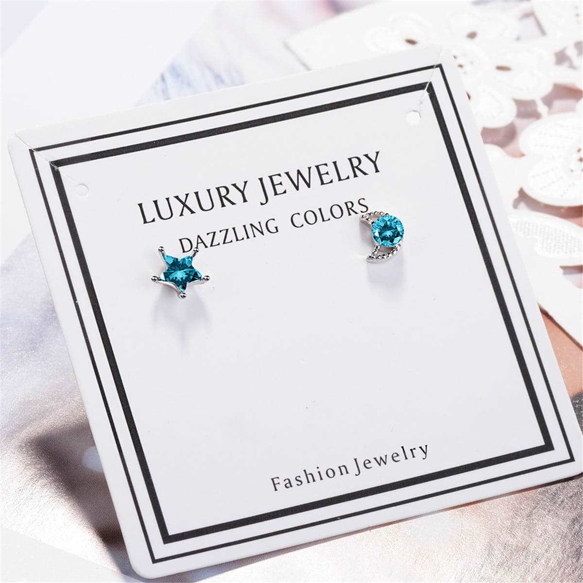 Teal Crystal & Silvertone Blue Moon & Star Stud Earrings