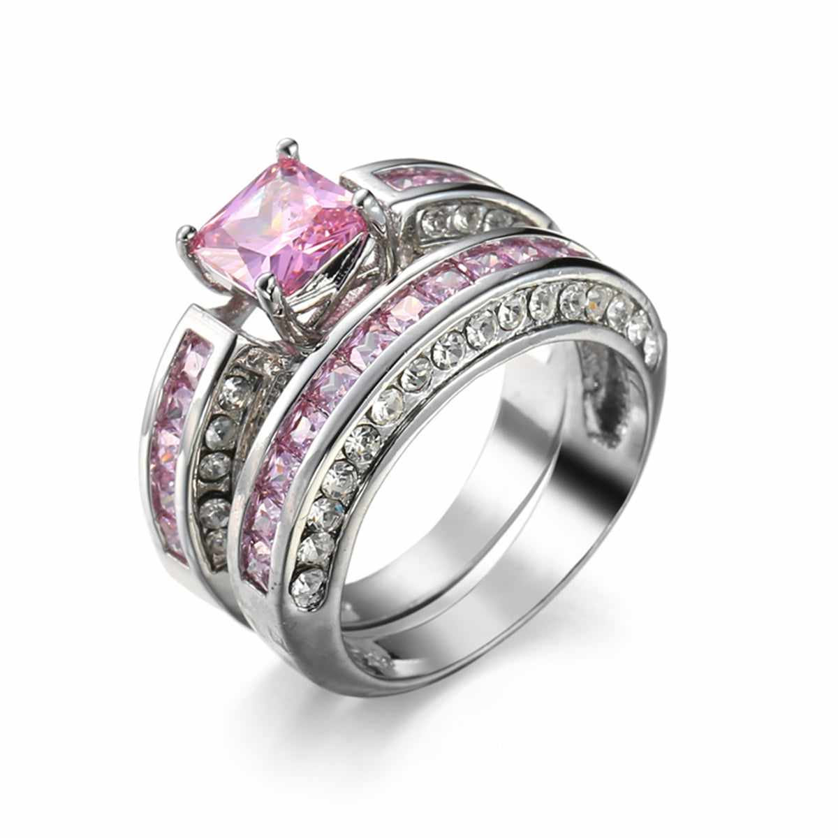 Pink Cubic Zirconia & Silvertone Princess-Cut Ring & Band