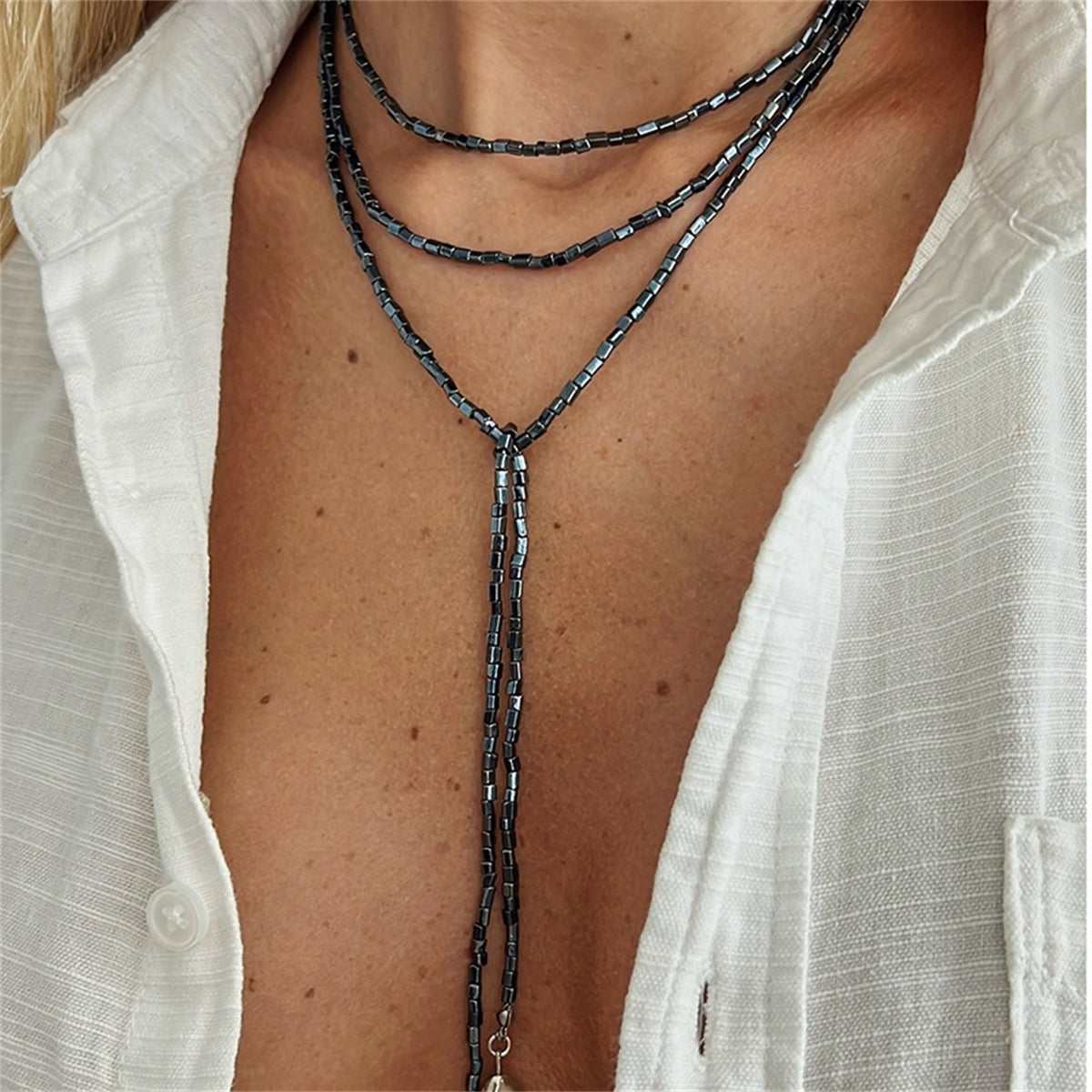 Navy Acrylic & Silvertone Bead Chain Drop Necklace