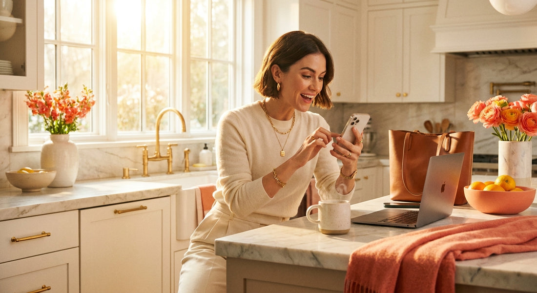 A stylish woman eagerly browsing her smartphone at a bright kitchen counter in warm morning light, coffee mug nearby, embodying the excitement of an early flash sale shopping moment.
