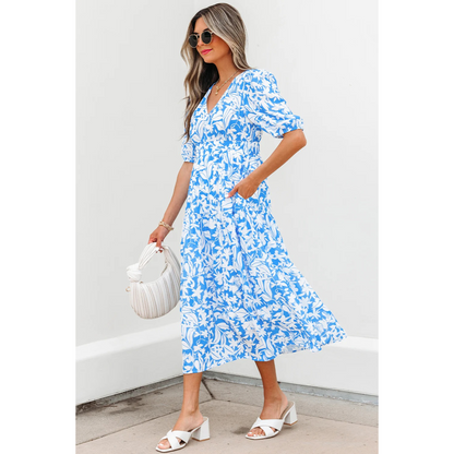 Stacey-Sky Blue Floral V Neck Puff Short Sleeve Flowy Long Dress