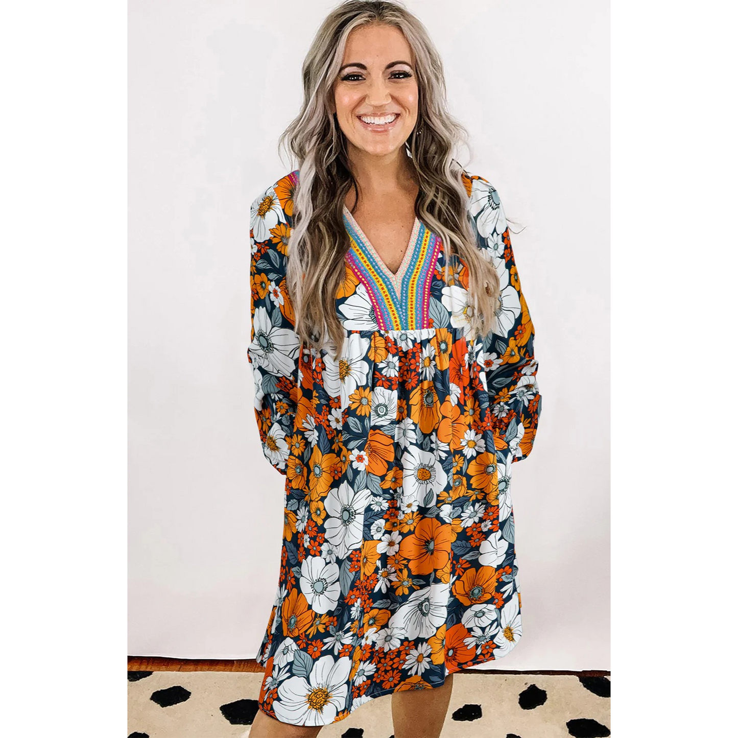 Brookelyn - Orange Floral Print Striped Lace V Neck Long Sleeve Mini Dress