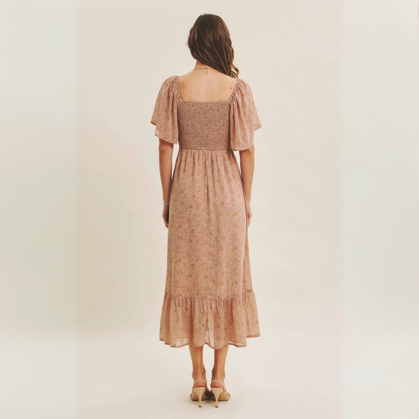 Ariana Square Neck Floral Chiffon Smocked Midi Dress