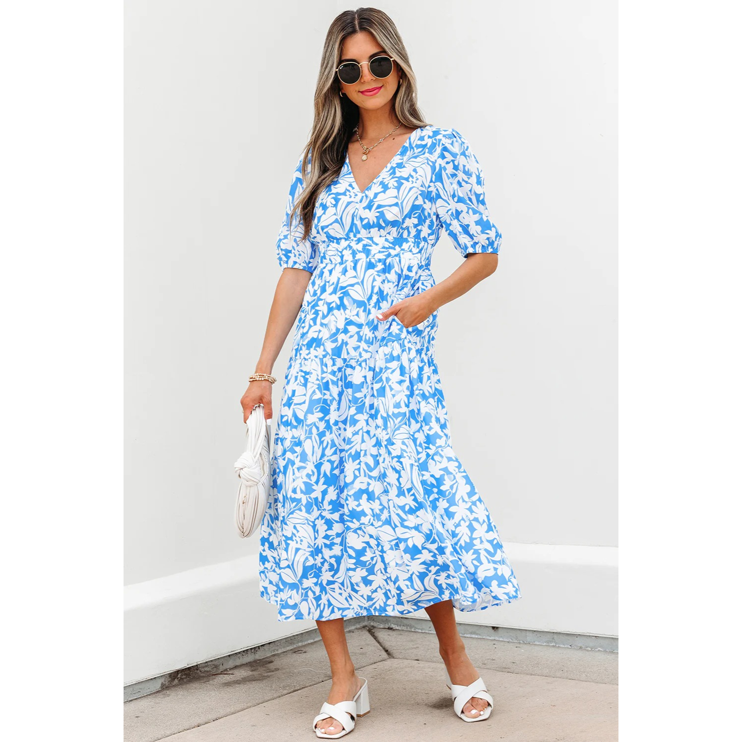 Stacey-Sky Blue Floral V Neck Puff Short Sleeve Flowy Long Dress SMALL