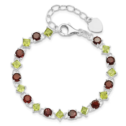 Red Garnet & Green Peridot Prong Sterling Silver Link Bracelet