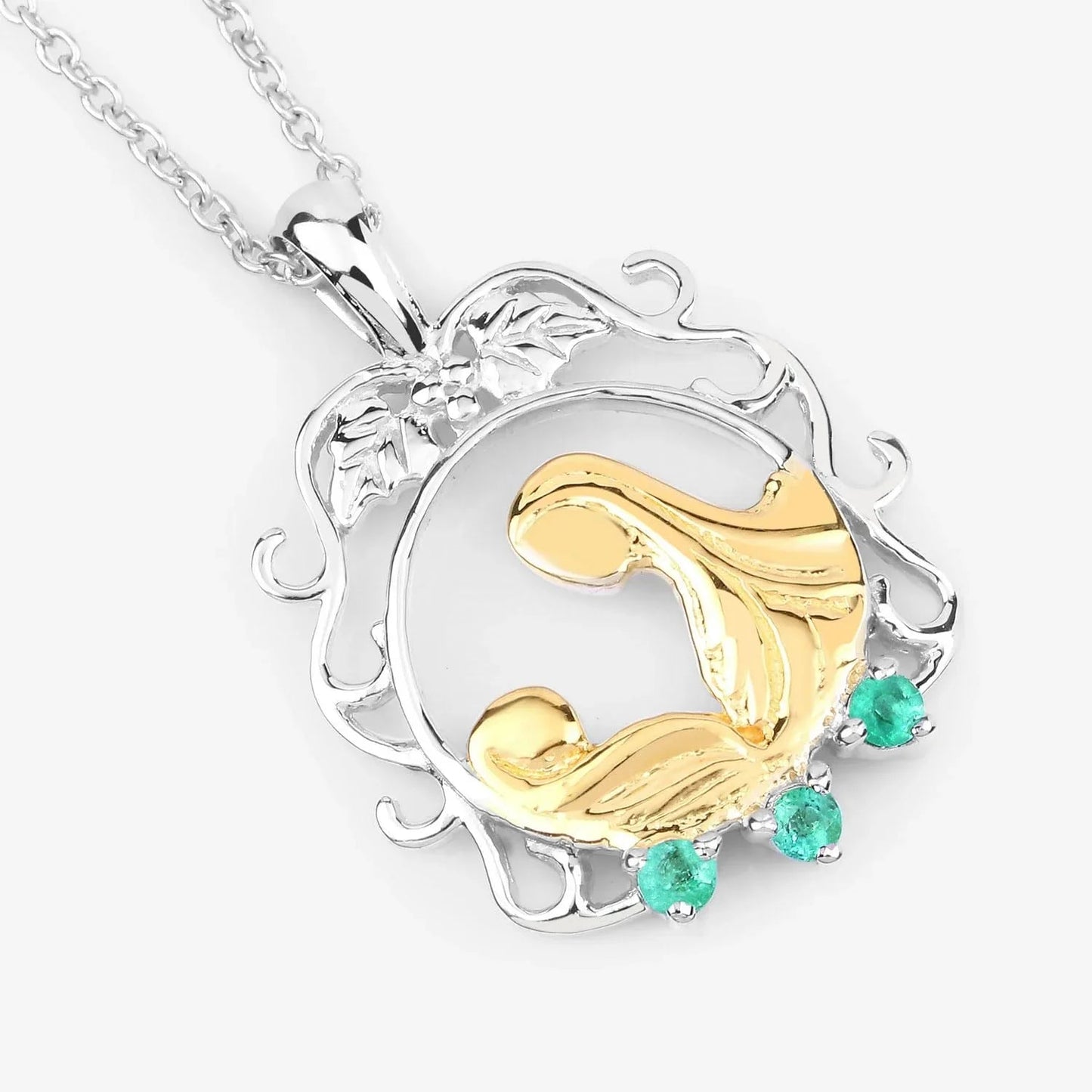 Round Green Emerald Prong Silver Pendant Necklace